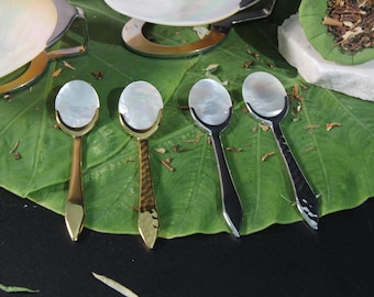 Gold color plated stainless steel caviar spoon with Mother of Pearl, luxury and elegant, use for small food, cake, ice scream