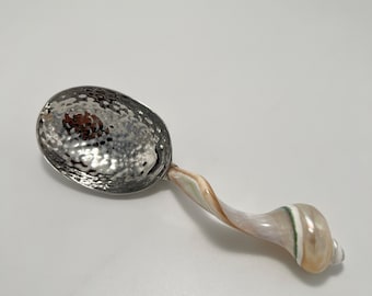 Handmade Hammered Stainless Steel Soup Ladle with Natural Seashell Handle