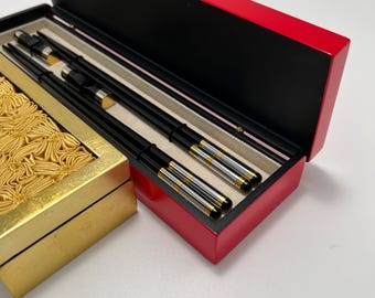 Premium Ebony Wood Chopsticks Set - Stainless Steel & Gold Color Accents, Comes in Stylish Lacquer Box