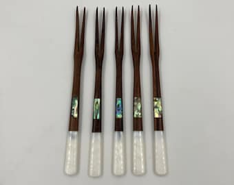 Rosewood Fruit Fork Set with Mother-of-Pearl Handle and Abalone Inlay