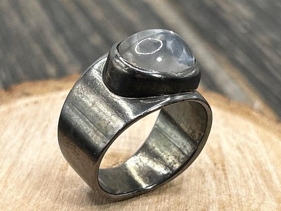 Vintage Israel Sterling Silver Moonstone Cabochon Ring Brutalist Wide Band