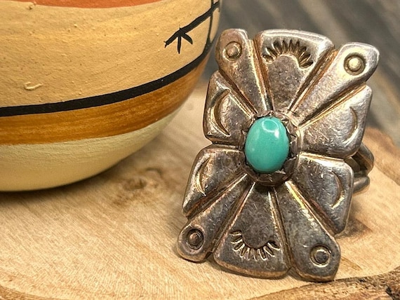 Southwestern Turquoise Ring Sterling Silver Native American Style Vintage Sunburst