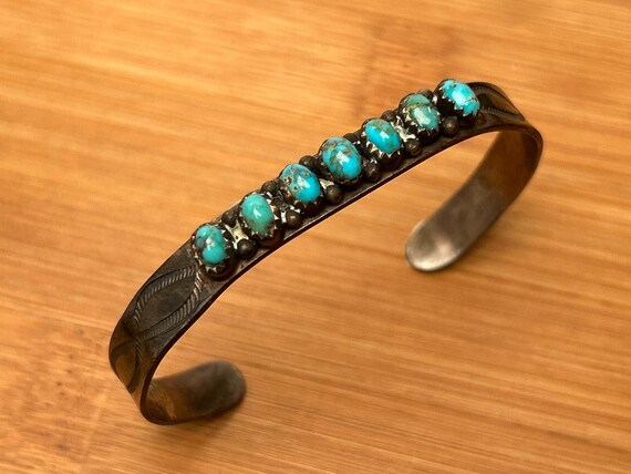 Old Pawn Style Turquoise Sterling Silver Cuff, Vintage Southwestern Row Bracelet, Size 5.25
