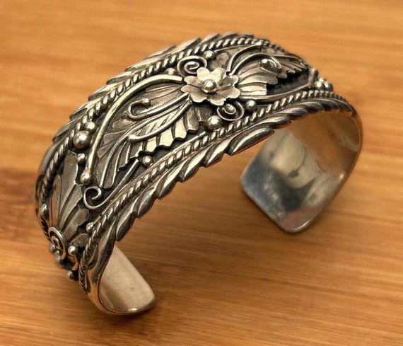 Native American Sterling Floral Cuff Bracelet, Handcrafted Southwestern Silver Jewelry