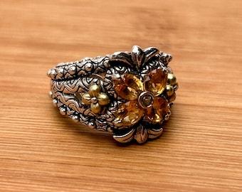 Barbara Bixby Sterling Silver & 18K Gold Flower Citrine Cocktail Ring