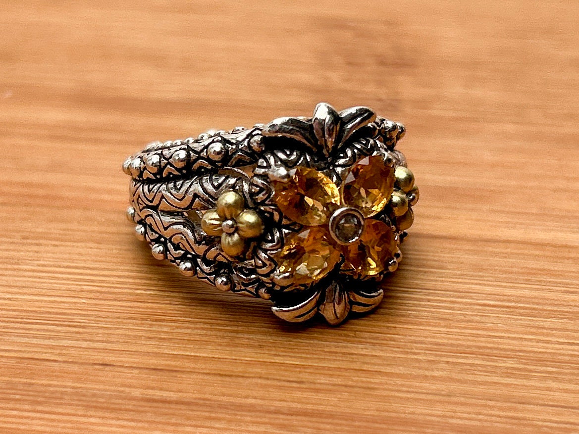 Barbara Bixby Sterling Silver 18K Gold Flower Citrine Cocktail Ring Etsy