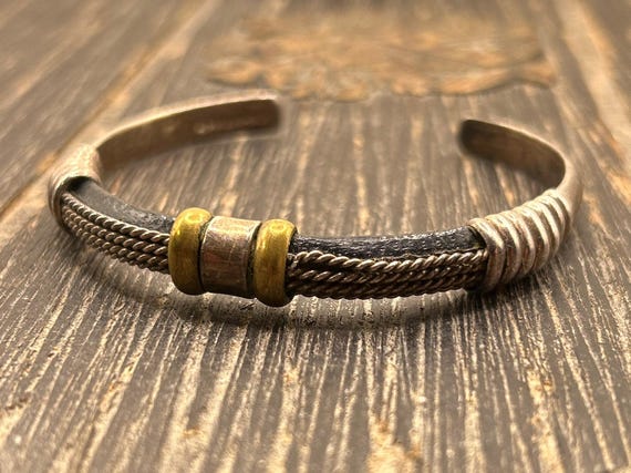 Vintage Taxco-Style Sterling Silver and Brass Cuff Bracelet, TV-100 925, Boho Tribal Jewelry, Leather Accent, 6" with 1" Opening, 28.25g
