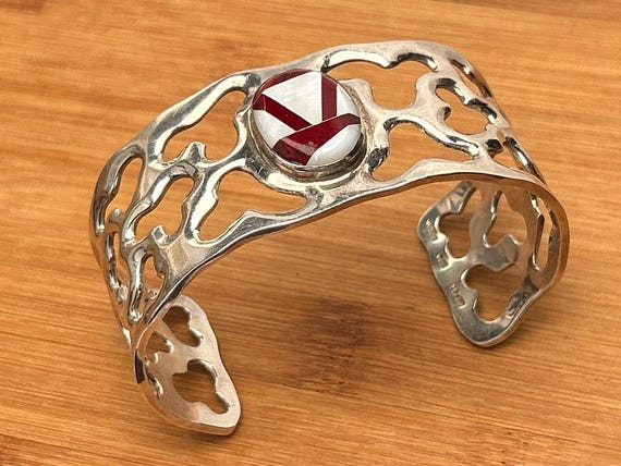 Taxco Mexico 950 Fine Silver Inlay Cuff Bracelet Vintage Geometric Red White