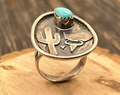 Vintage Southwestern Sterling Silver Turquoise Ring, Cactus and Bull Skull Design, Size 9 1/4, Navajo-Inspired Statement Jewelry