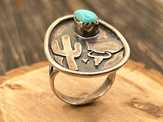 Vintage Southwestern Sterling Silver Turquoise Ring, Cactus and Bull Skull Design, Size 9 1/4, Navajo-Inspired Statement Jewelry