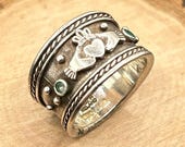Vintage Celtic Irish Claddagh Emerald Cigar Band Sterling Silver Ring