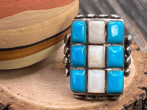 Vintage Navajo Style Ring, Turquoise & Mother of Pearl Inlay, Heavy Sterling Silver, Southwestern Jewelry