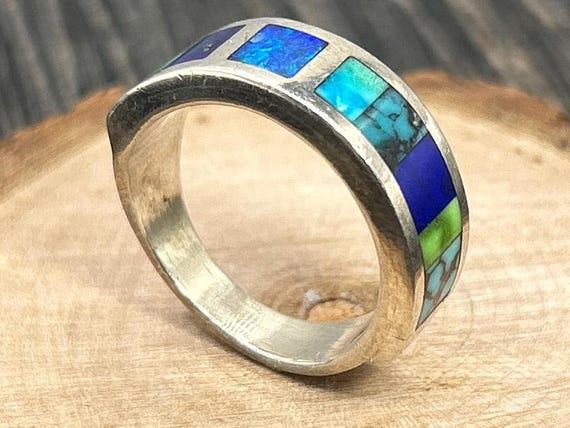 Southwestern Sterling Silver Channel Inlay Ring, Multi-Stone Mosaic Turquoise Lapis Opal, DCM Artist Signed
