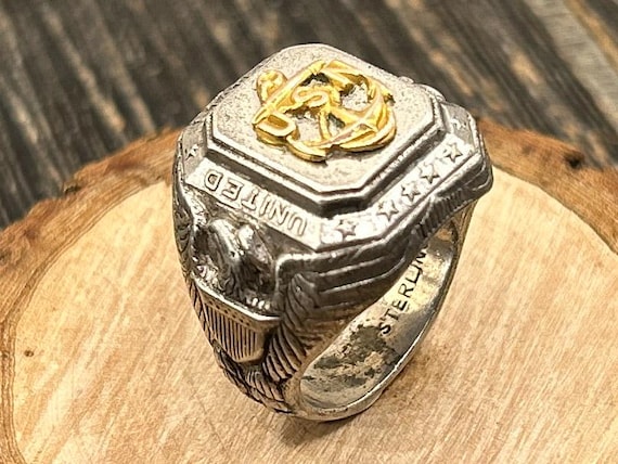 Vintage US Navy Sterling Silver Signet Ring | WWII Era Style USN Anchor Eagle Military Ring | Size 10 1/4