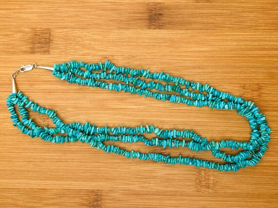 Vintage Navajo Sterling Turquoise Bead Tri-Strand Necklace with Rising Sun Hallmark