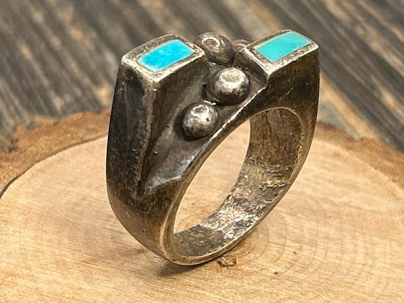 Vintage Sterling Silver Turquoise Ring Heavy Sand Cast Style Brutalist Geometric Southwest Inlay Mens Biker Jewelry