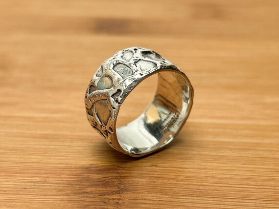 Vintage Brutalist Sterling Silver Wide Band Ring, Unique Organic Textured Design