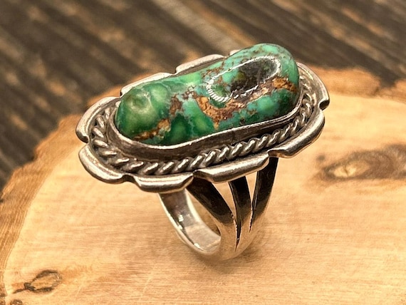 Vintage Navajo Sterling Silver Green Turquoise Ring, Size 7 1/4, Marked LP, Handcrafted Southwest Jewelry