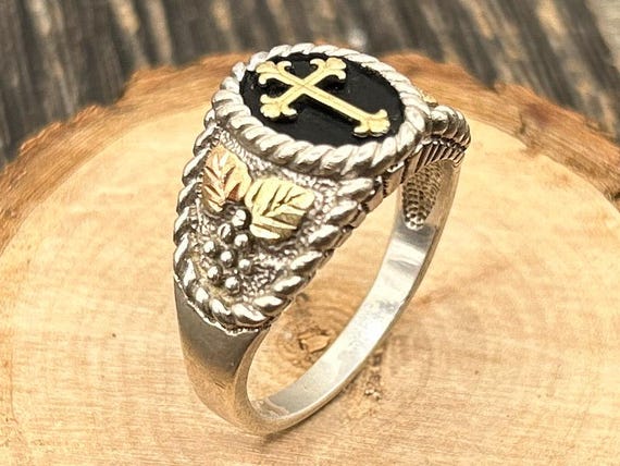 Black Hills Gold Cross Ring, Sterling Silver Men's Ring