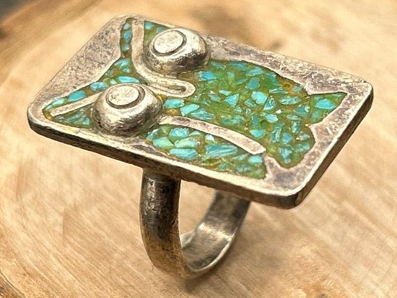 Stunning Vintage Sterling Silver Crushed Turquoise Inlay Owl Ring - Size 4 - Signed Native American Style