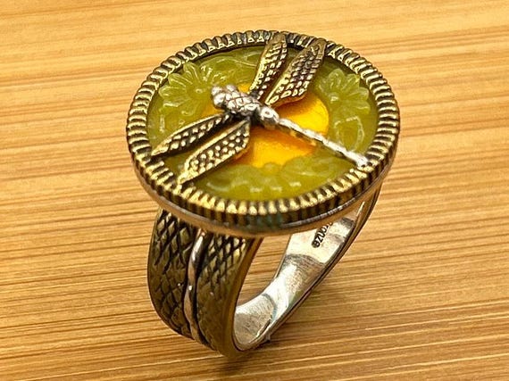 Vintage Echo of the Dreamer Dragonfly Ring, Margaret Thurman Sterling Silver & Bronze Carved Jade Statement Ring, Size 11