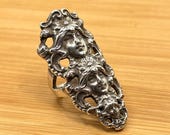 Art Nouveau Ring 3 Faces Three Graces Goddess Flower Long Sterling Silver Statement