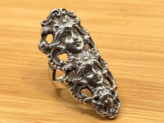 Art Nouveau Ring 3 Faces Three Graces Goddess Flower Long Sterling Silver Statement