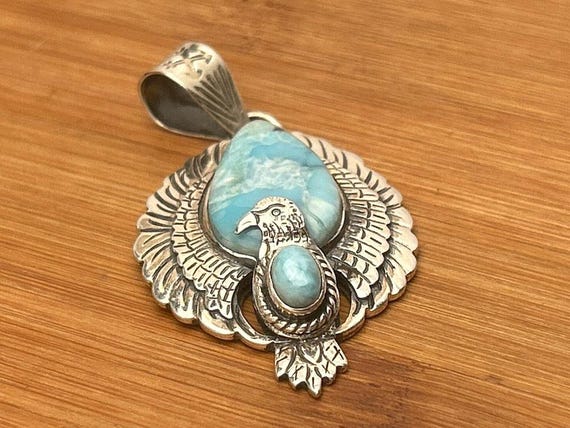 Exquisite Larimar Thunderbird Pendant, Native American Sterling Silver Design, Handmade Statement Jewelry