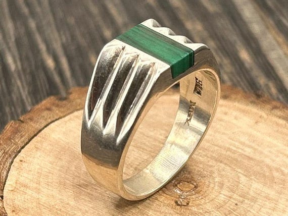Taxco Mexico Sterling Silver Malachite Inlay Ring Men's Vintage