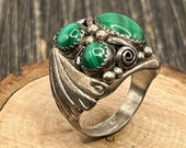 Vintage Sterling Silver Malachite Ring Size 11, Heavy 19.2g Southwestern Statement Band, Three Stone Green Gemstone, Navajo Style Fan Design