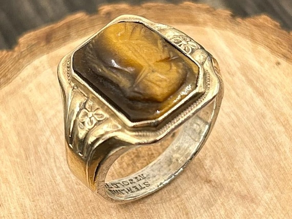 Vintage Sterling Silver 10K Gold Top Tigers Eye Warrior Intaglio Ring, Size 9.25