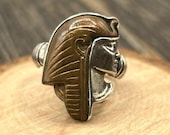 Pharaoh Tutankhamun Sterling Silver & Copper Ring, Egyptian Revival Jewelry, Size 10.25
