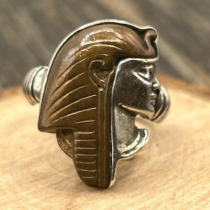 Pharaoh Tutankhamun Sterling Silver & Copper Ring, Egyptian Revival Jewelry, Size 10.25