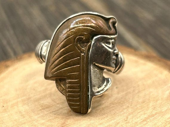 Pharaoh Tutankhamun Sterling Silver & Copper Ring, Egyptian Revival Jewelry, Size 10.25