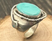 Stunning Zuni Turquoise & Silver Snake Ring, Size 11, Handmade by Jude Candelaria