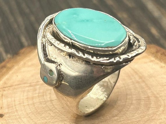 Stunning Zuni Turquoise & Silver Snake Ring, Size 11, Handmade by Jude Candelaria