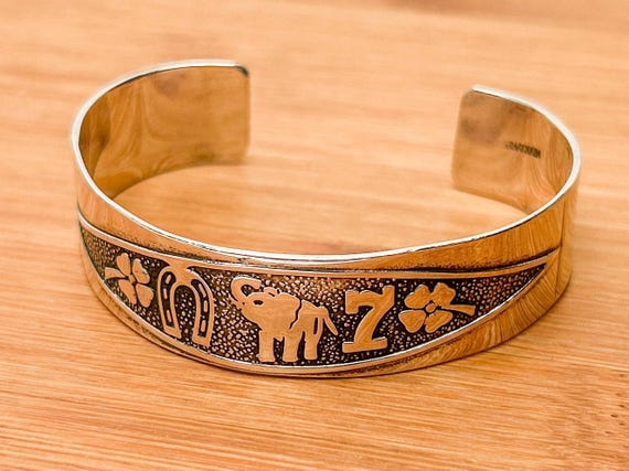 Vintage Mexican Sterling Silver Lucky Symbols Cuff Bracelet, 925 Elephant Horseshoe Clover Charms