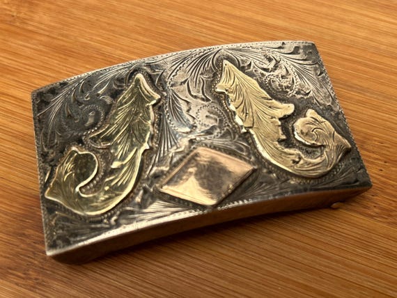 Ornate Sterling Silver & 18K Gold Inlay Western Belt Buckle - Vintage Hecho Mexico Engraved