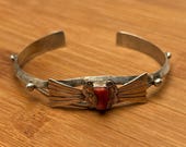 Navajo Coral Sterling Bracelet, R and W Stamped, Fanned Wings, Native American Jewelry, Unisex