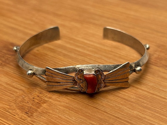 Navajo Coral Sterling Bracelet, R and W Stamped, Fanned Wings, Native American Jewelry, Unisex