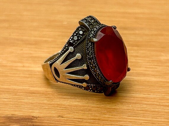 Ornate Sterling Silver Ruby Ring with Marcasite B… - image 3