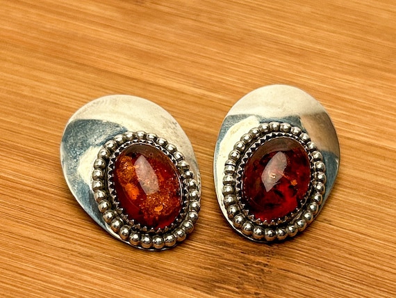 Navajo Baltic Amber Clip-on Sterling Signed RJ Sawtooth Bezel Congac Earrings
