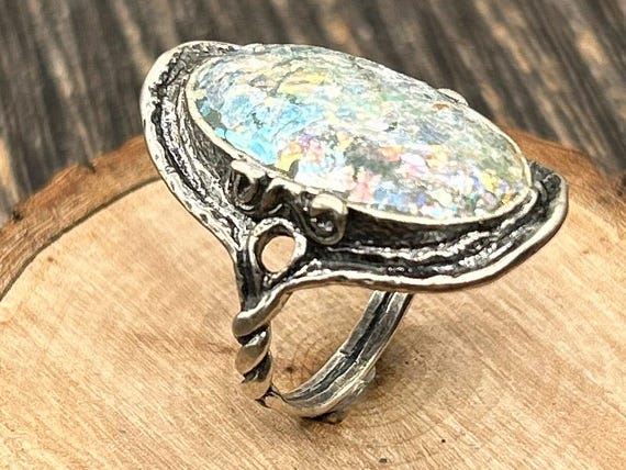 PZ Israel Sterling Silver Roman Glass Ring Size 10 Ancient Iridescent Patina Statement Band