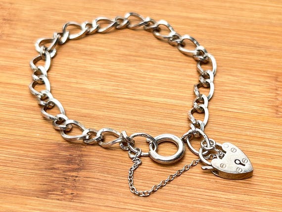 Vintage Sterling Silver Heart Padlock Clasp Bracelet 1970 | Chunky Curb Links with Birmingham Hallmarks