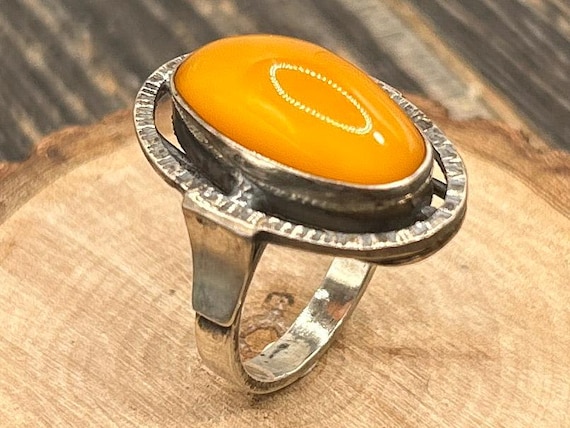 Vintage Polish Baltic Amber Ring Sterling Silver Modernist Statement Jewelry