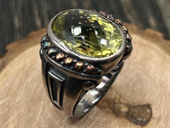 Vintage Samuel B Behnam Citrine Ring, Sterling Silver & 18K Gold, Size 6, Mid-Century Modern, Art Deco, Yellow Gemstone, Signed