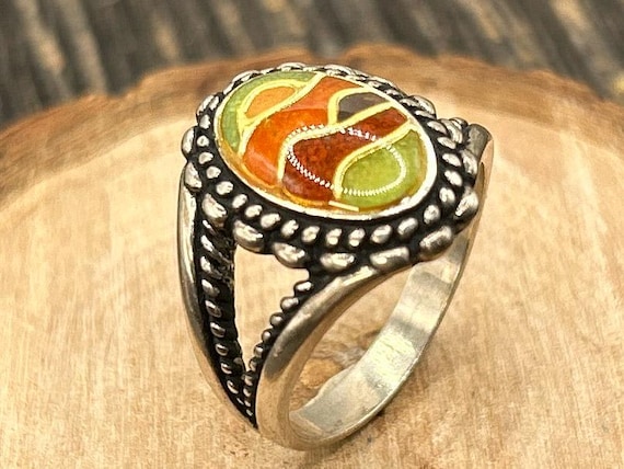 Southwest Sterling Silver Inlay Ring | Carolyn Pollack | Size 8 Vintage NOS | Multi-Color Scenic Design