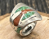 Vintage Native American Inlay Sterling Silver Ring, Size 6, Turquoise & Coral, 925