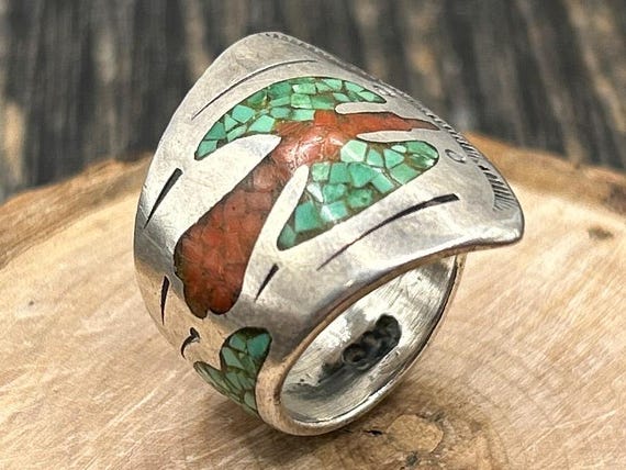 Vintage Native American Inlay Sterling Silver Ring, Size 6, Turquoise & Coral, 925