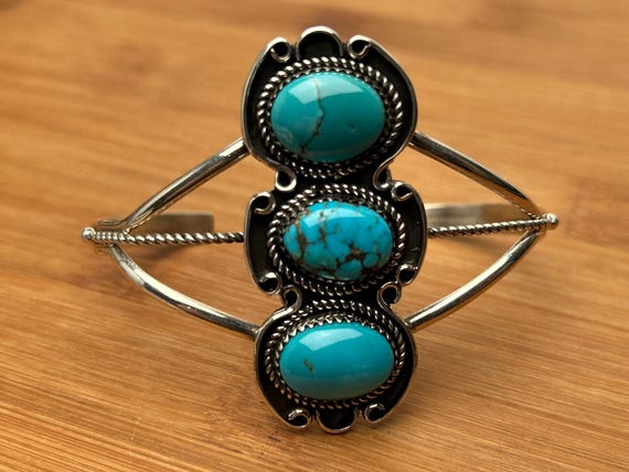 Stunning Kingman Style Turquoise & Sterling Silver Cuff Bracelet - Signed J Yazzie Native American Three Stone Southwestern Jewelry